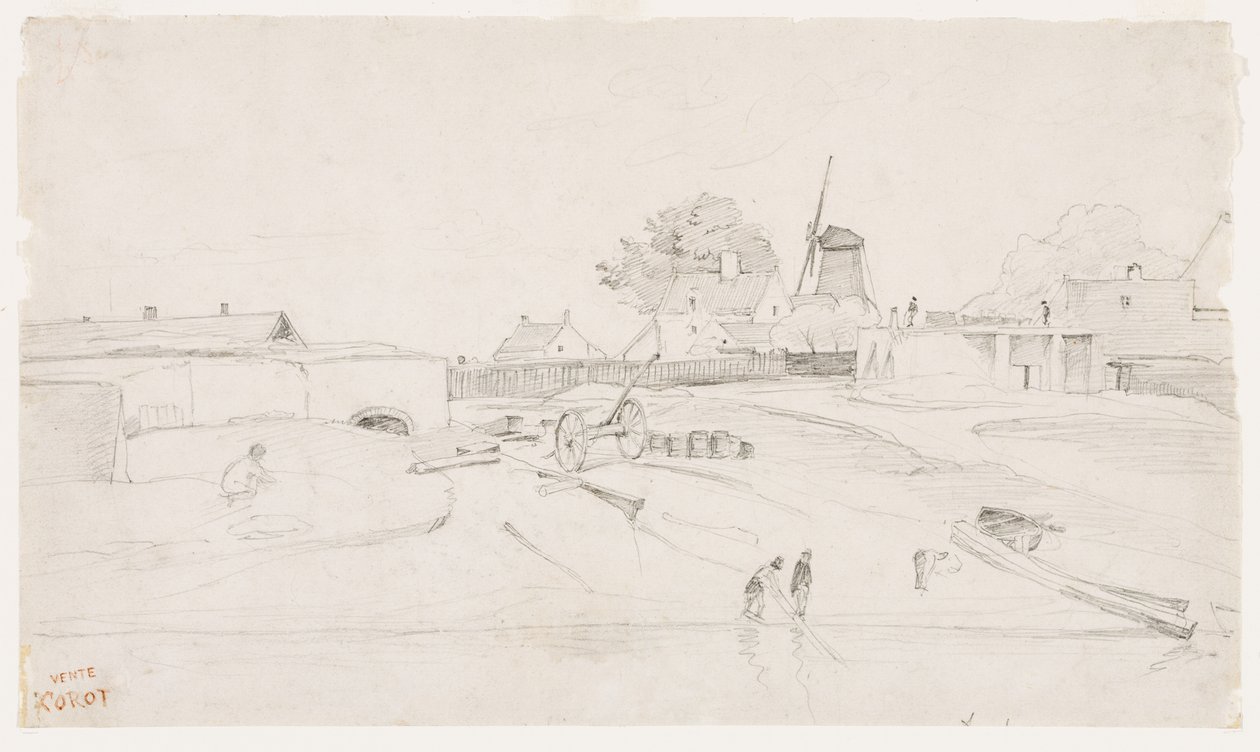 Vindmølle i Dunkirk, ca. 1830 av Jean Baptiste Camille Corot