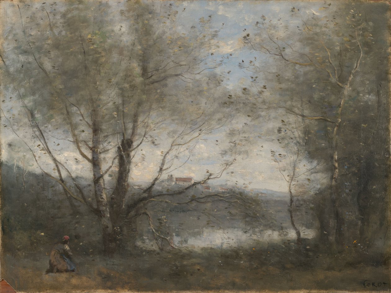 En dam sett gjennom trærne av Jean-Baptiste-Camille Corot