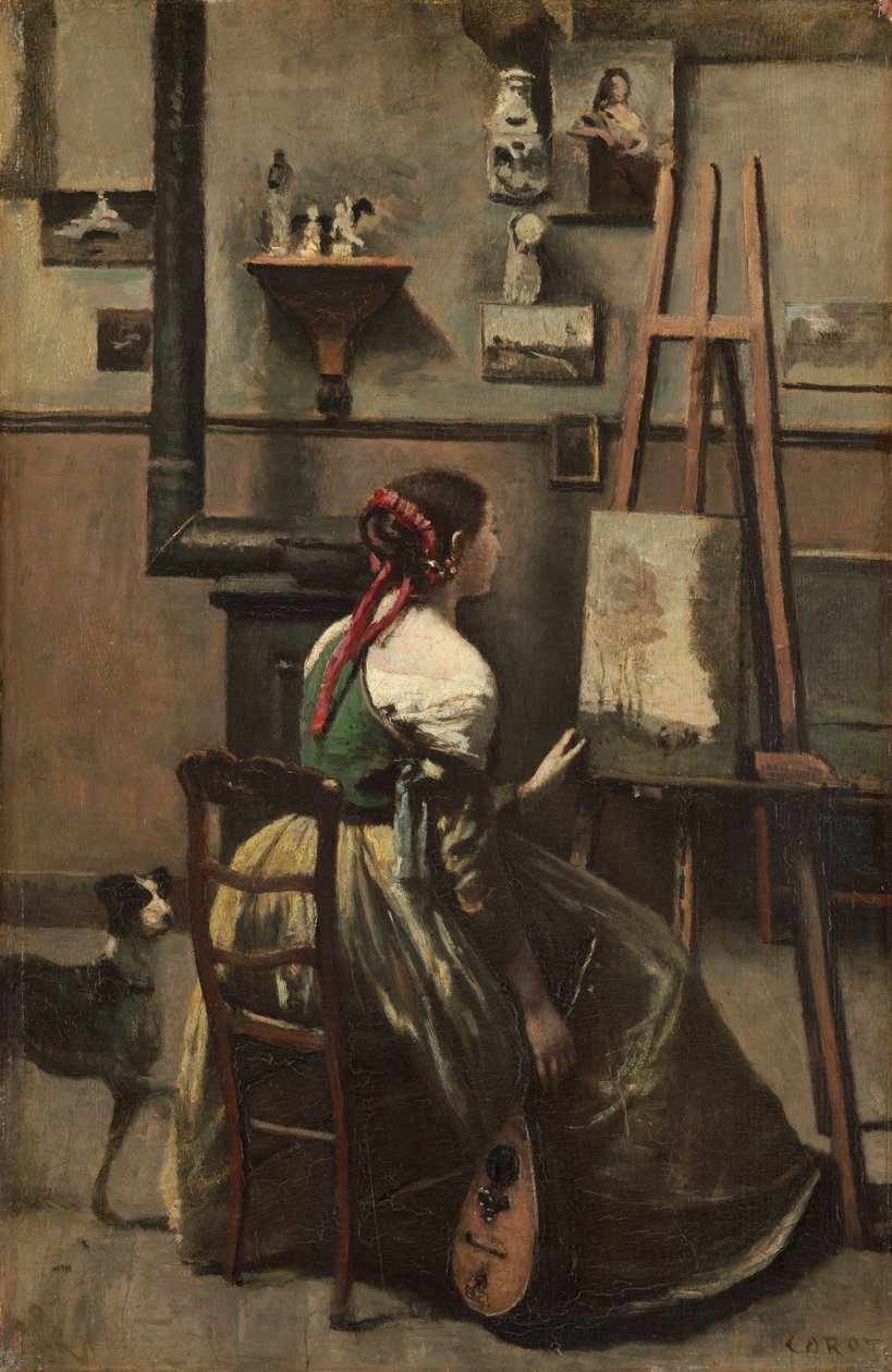 Corots studio: Kvinne som sitter foran et staffeli, en mandolin i hånden av Jean-Baptiste-Camille Corot
