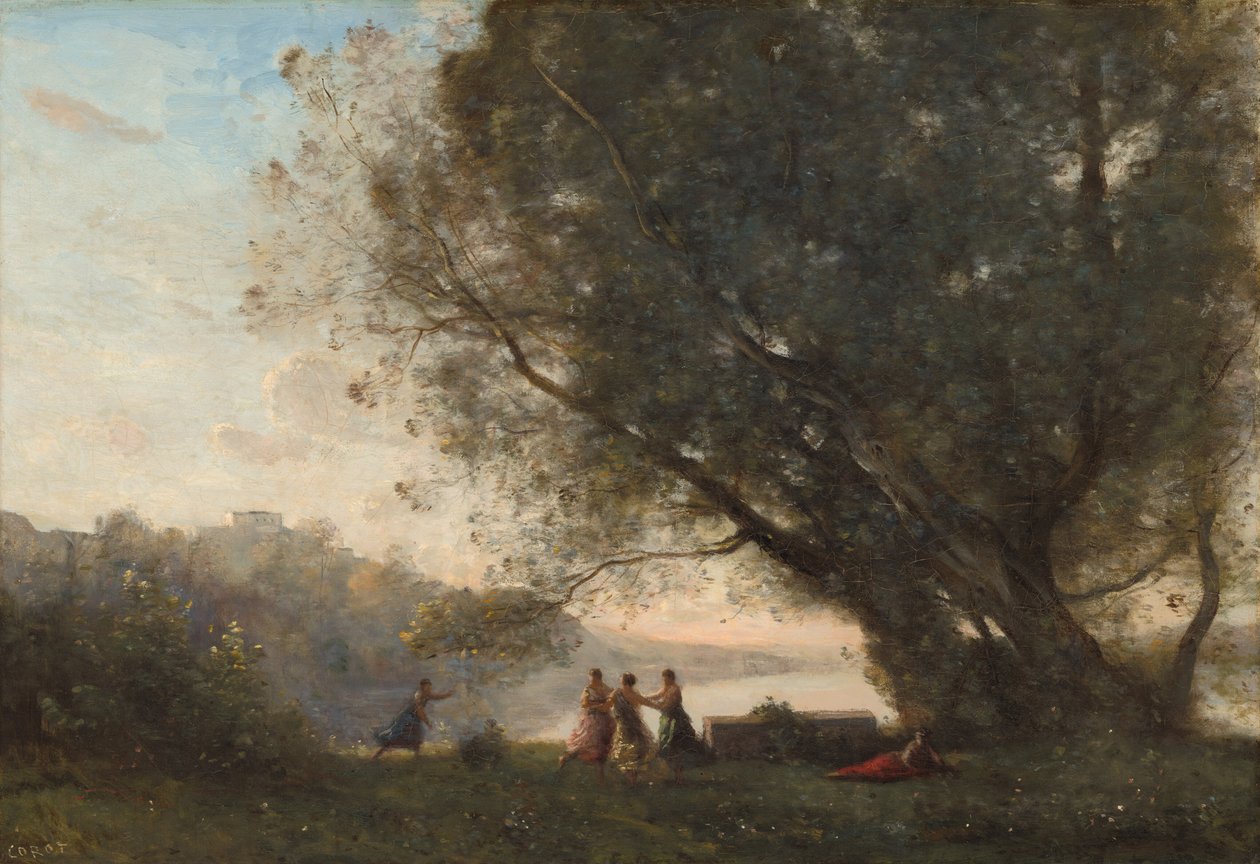 Dans under trærne ved kanten av innsjøen av Jean-Baptiste-Camille Corot