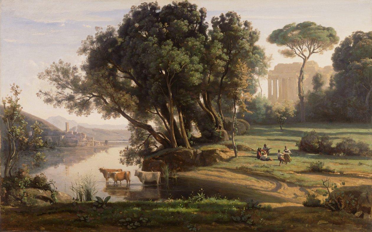Italiensk landskap (Sted i Italia, soloppgang) av Jean-Baptiste-Camille Corot