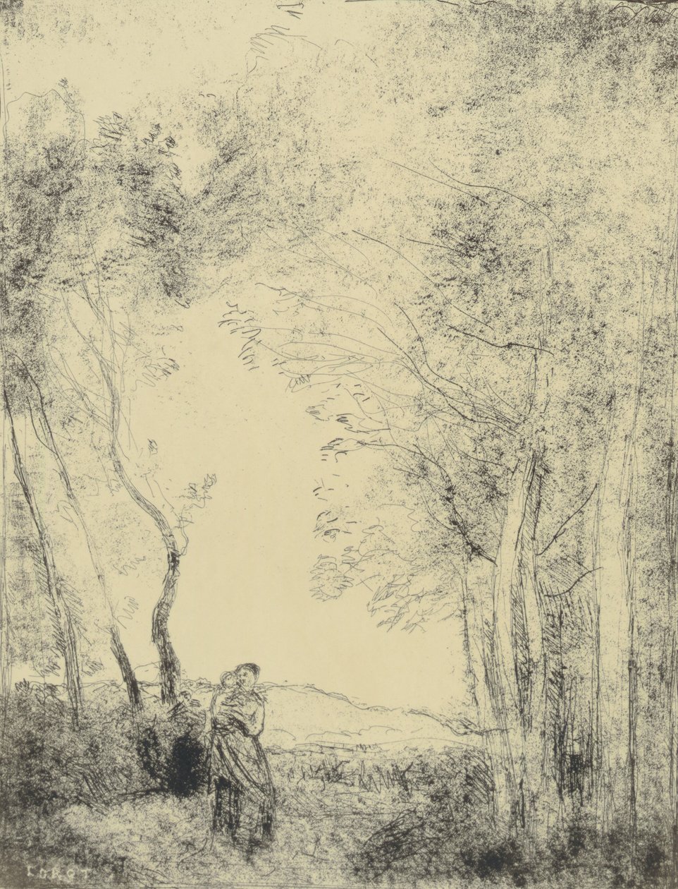 Ung mor ved inngangen til et skogholt av Jean-Baptiste-Camille Corot
