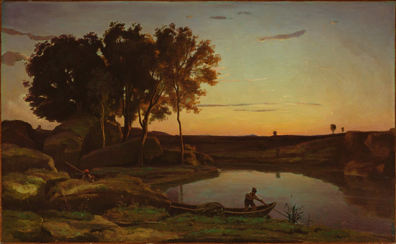 Landskap med innsjø og båtfører av Jean-Baptiste-Camille Corot