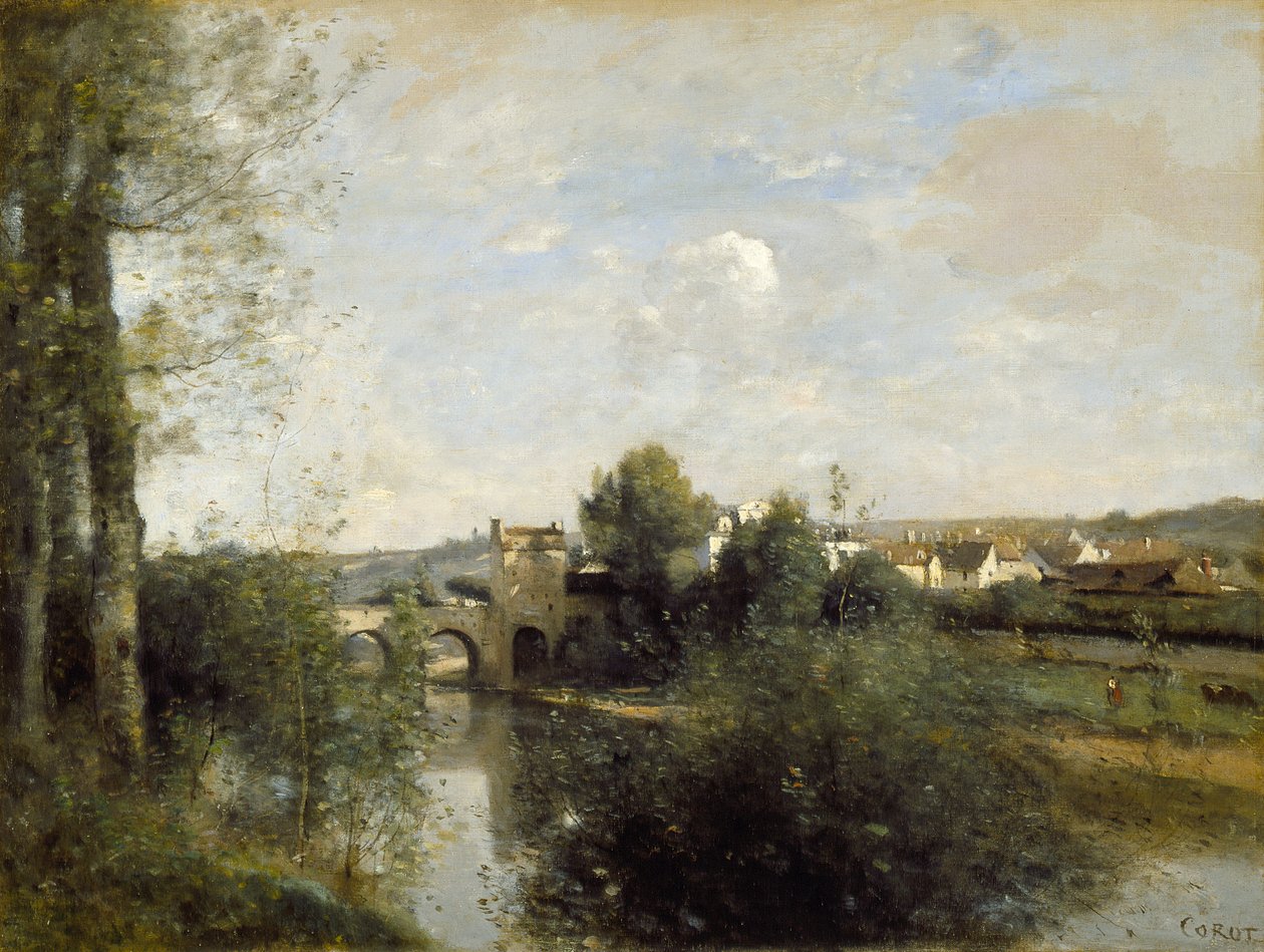 Seinen og den gamle broen i Limay av Jean-Baptiste-Camille Corot