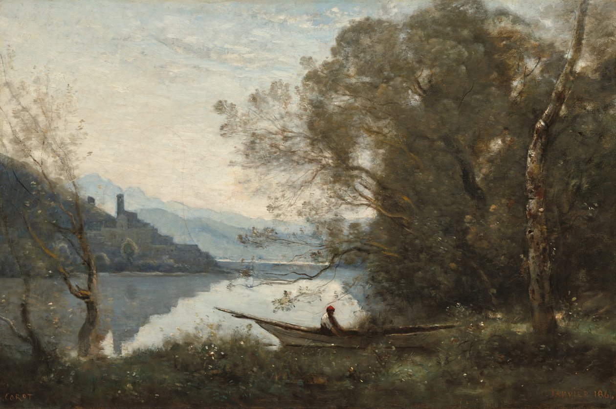 Den fortøyde båtføreren: minne om en italiensk innsjø av Jean-Baptiste-Camille Corot