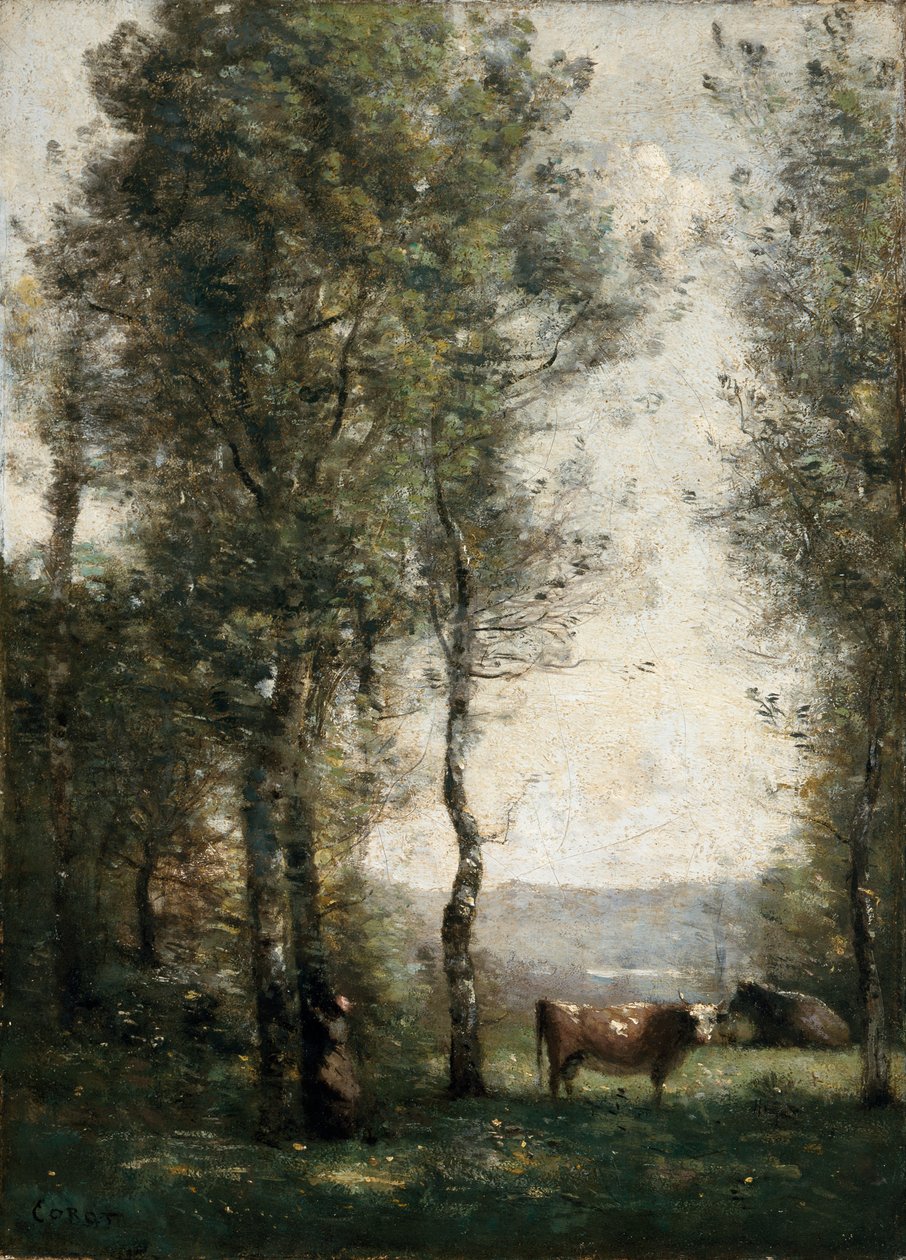 Skogsbevokst landskap med kyr i en lysning av Jean-Baptiste-Camille Corot