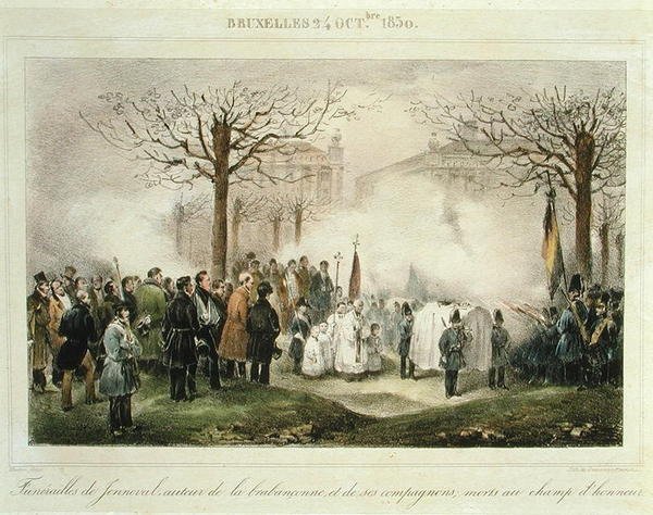 Begravelsen til Louis-Alexandre Dechet (Jenneval) (1801-30) og hans ledsagere som døde på æresmarken, 24. oktober 1830, gravert av Dewasme-Pletinckx av Jean Baptiste (after) Madou