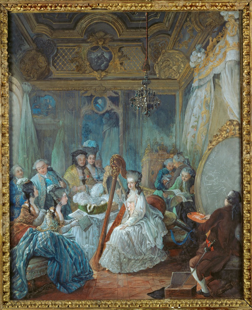 Marie-Antoinette i leilighetene sine i Versailles, omgitt av medlemmer av hoffet sitt … av Jean-Baptiste Andre Gautier Dagoty