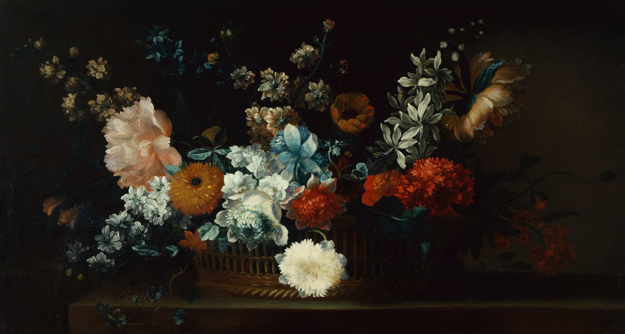 Peoner, krysantemum og andre blomster i en kurv (olje på lerret) av Jean Baptiste Belin de Fontenay