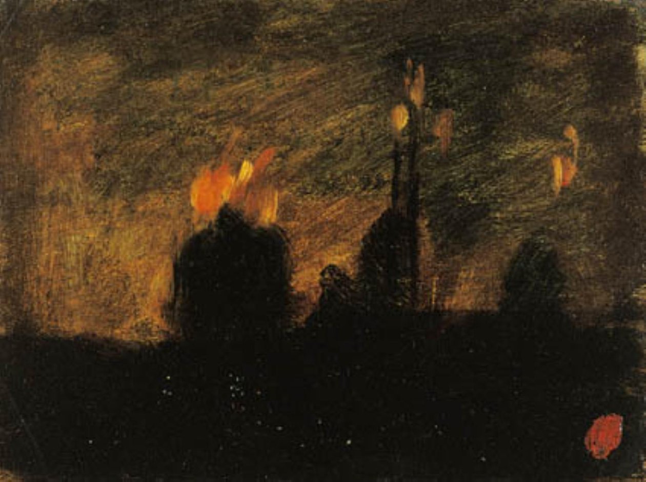 Nattstemning med branner i St-Vast-là-haut nær Valenciennes av Jean-Baptiste Carpeaux