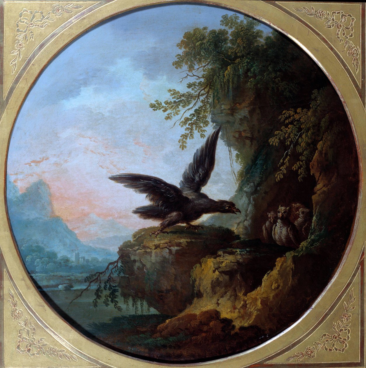 Ørnen og uglen. Illustrasjon til fabelen av Jean de La Fontaine. Maleri av Jean Baptiste Claudot (1733-1805) av Jean Baptiste Claudot