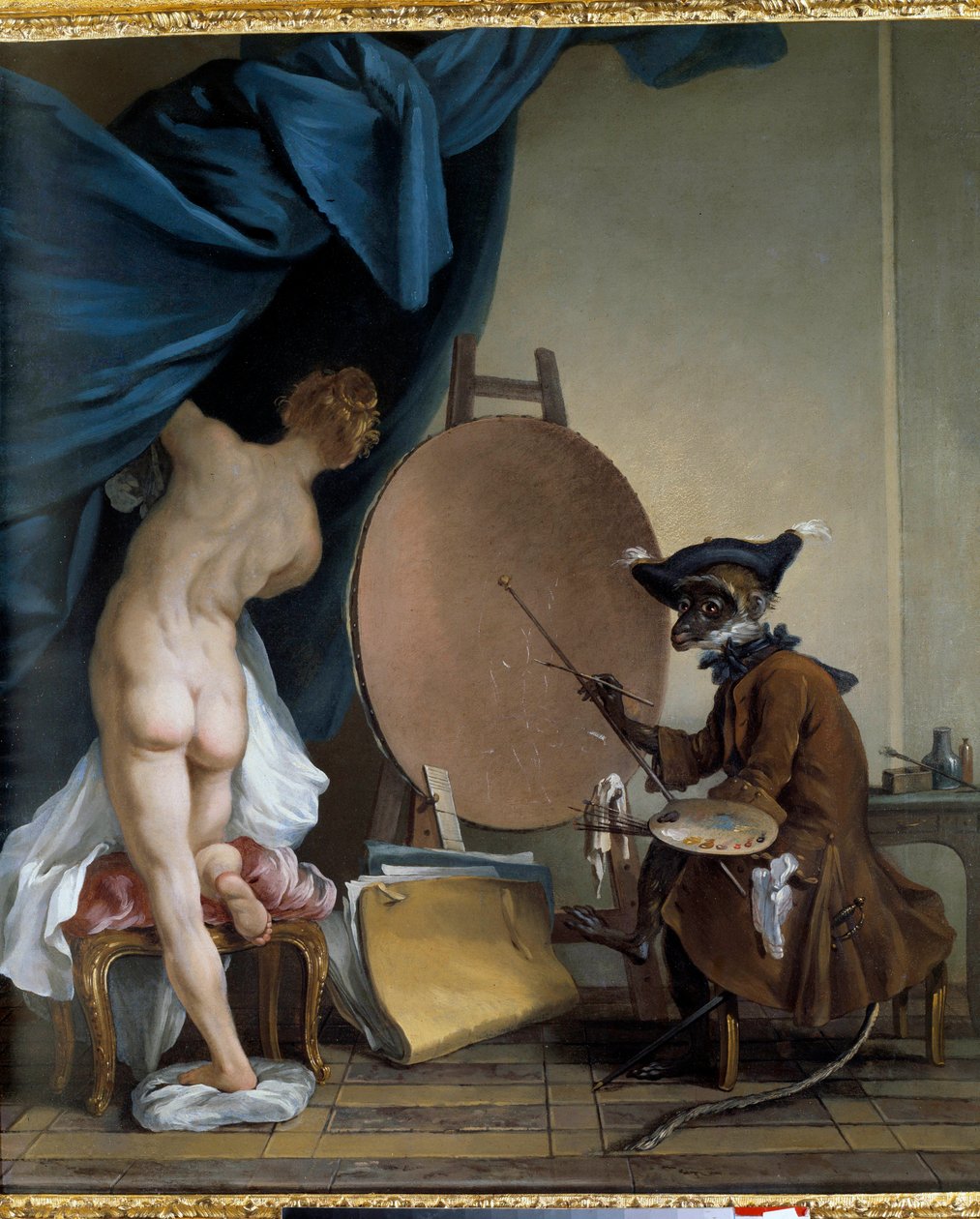 Apemaleren. Olje på lerret, 0,89 x 0,62 m. - Malerapen. Maleri av Jean Baptiste Deshays (1729 - 1765) av Jean Baptiste Deshays