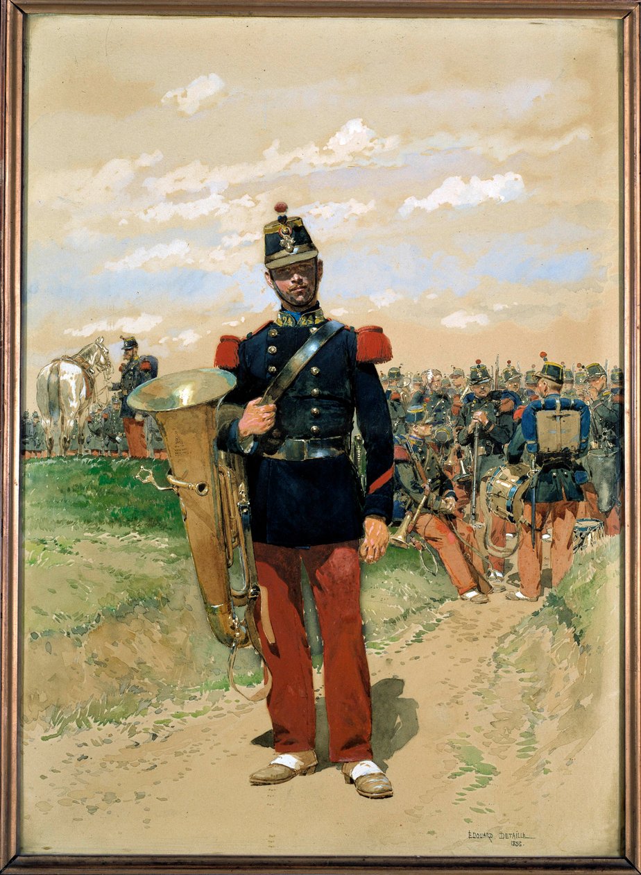 Linjemusikk: et soldatmedlem av militærorkesteret i 1855. Akvarell av Edouard Detaille (1848-1912). 1855. Paris, Musee de l