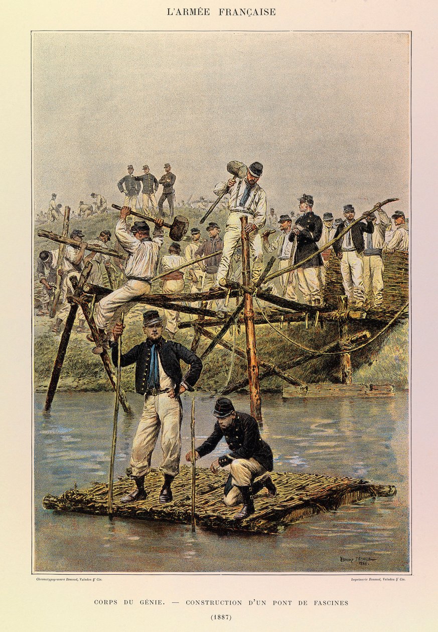 Typer og uniformer av den franske Armee av kaptein Jules Richard, illustrert av Edouard Detaille (1848-1912): Corps de Genie; Bygging av en bro av faskiner i 1887, Privat samling av Jean-Baptiste Edouard Detaille