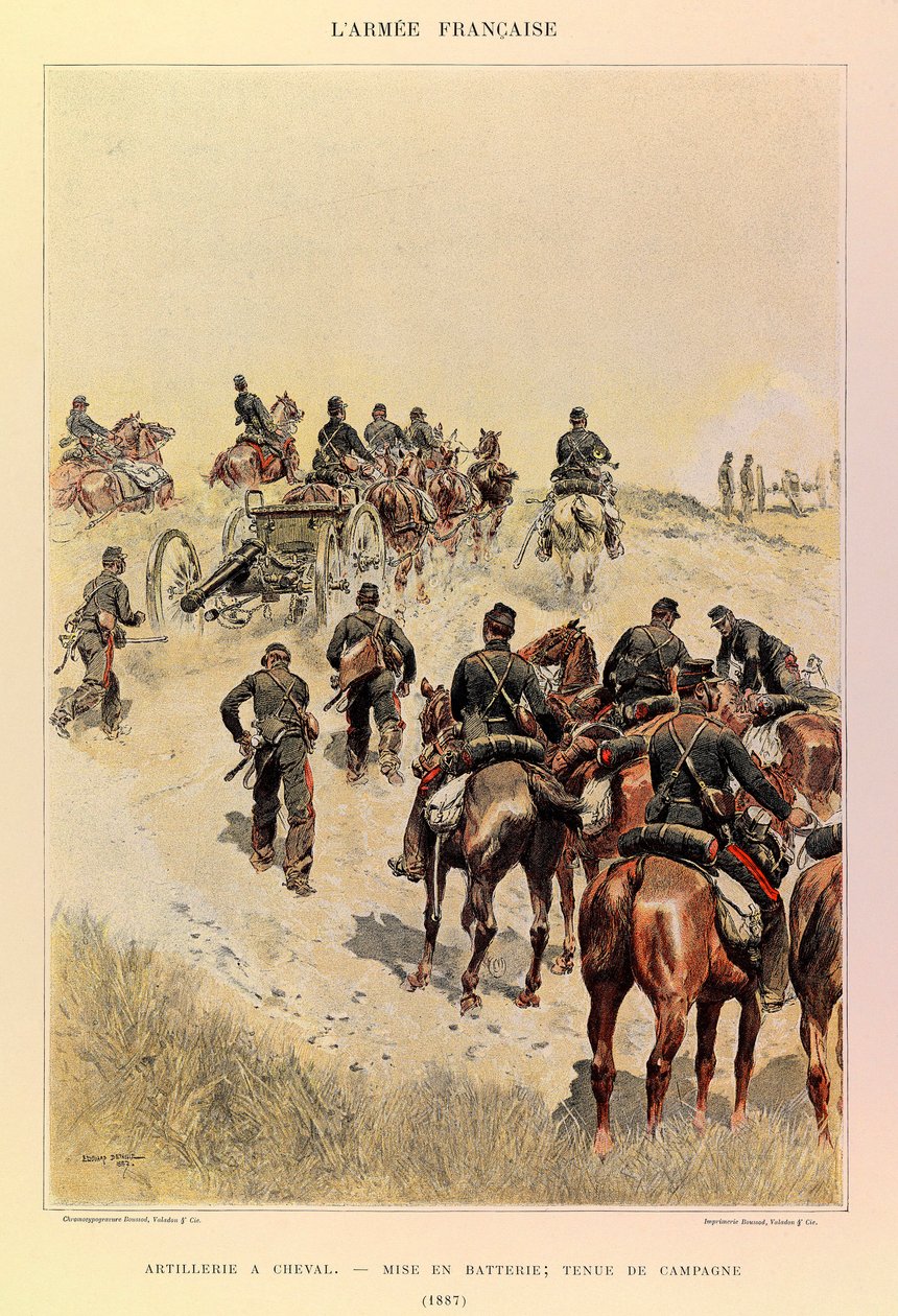Typer og uniformer av den franske Armee av kaptein Jules Richard, illustrert av Edouard Detaille (1848-1912): Artilleri til hest; Batterier; Feltkjole i 1887, Privat samling av Jean Baptiste Edouard Detaille