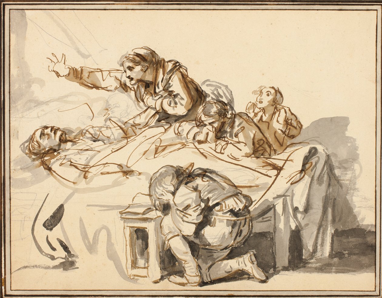 Kvinner og barn som sørger over en død mann av Jean-Baptiste Greuze