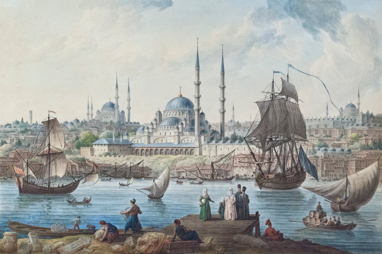 Yeni-moskeen og havnen i Istanbul av Jean Baptiste Hilair