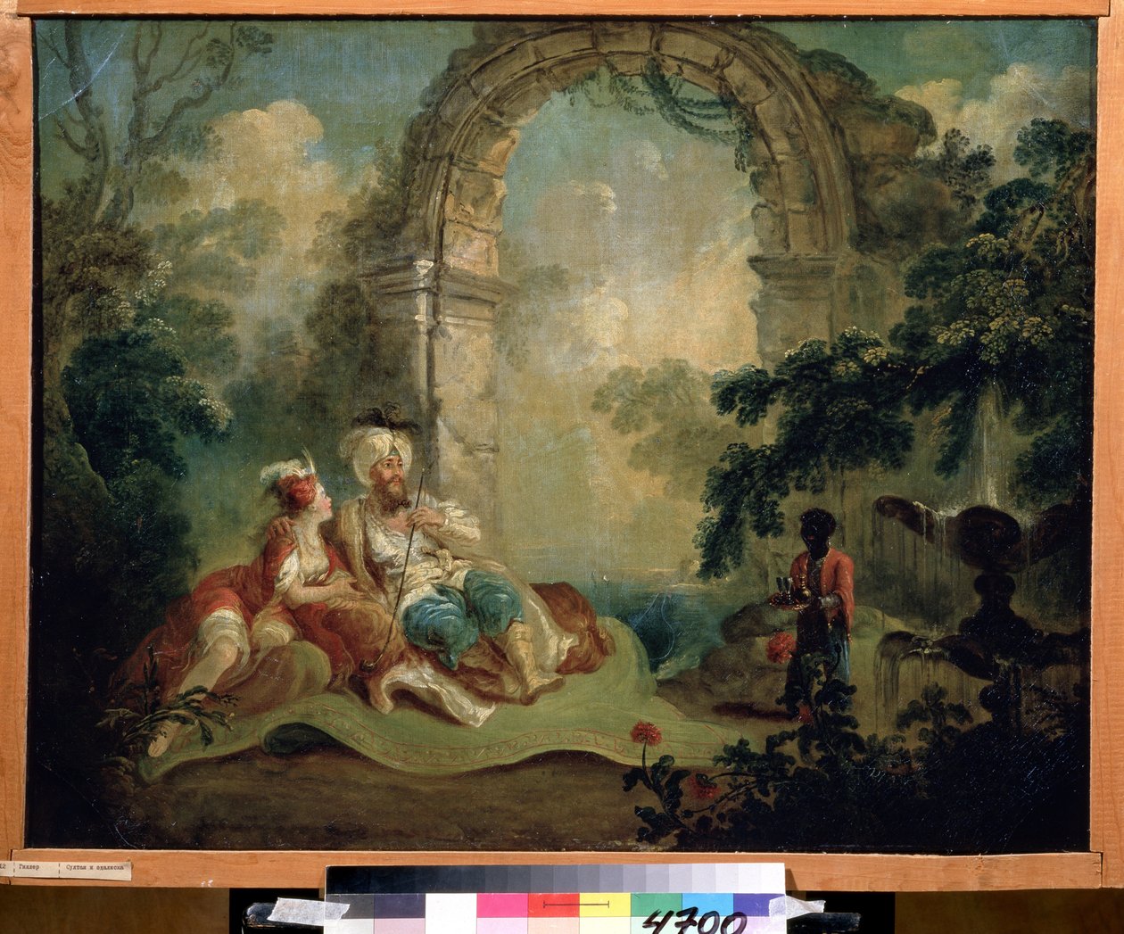 Orientalisme: "Tyrkisk pasha og odalisque liggende på et teppe, de blir servert av en svart tjener" (tyrkisk pasha og odalisque) Maleri av Jean Baptiste Hilaire (1753-cirka 1822) Pouchkine Museum, Moskva av Jean Baptiste Hilaire