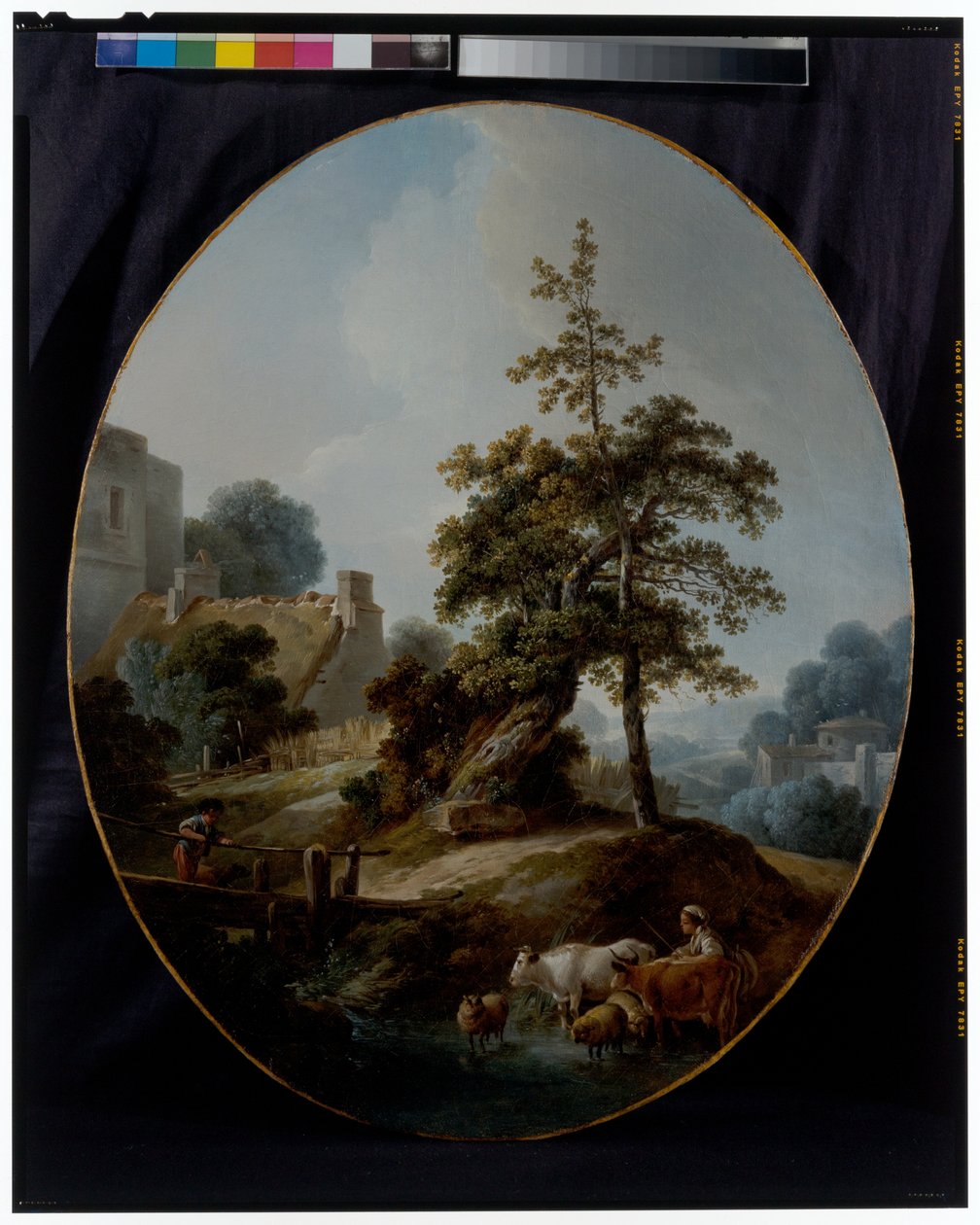 Landskap med en ung gutt og en gjeterinne med kuer og sauer av Jean Baptiste Huet