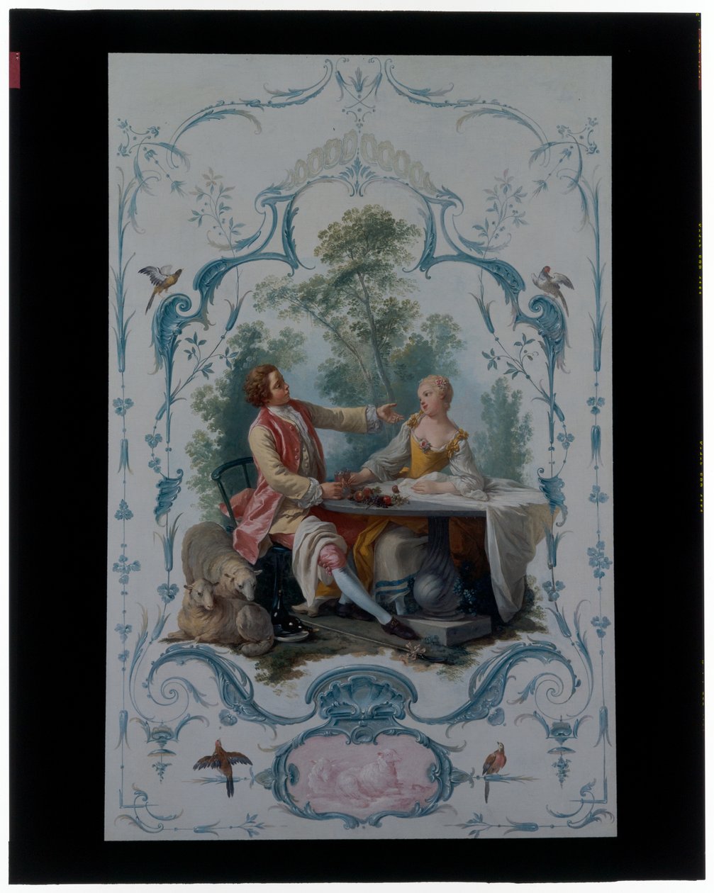To dekorative paneler med par av elskere med tittelen "The Picnic" og "The Toast" av Jean Baptiste Huet