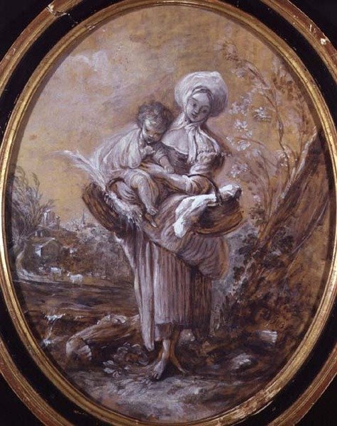 Kvinne med barn i landlig landskap (tegning) av Jean Baptiste Huet
