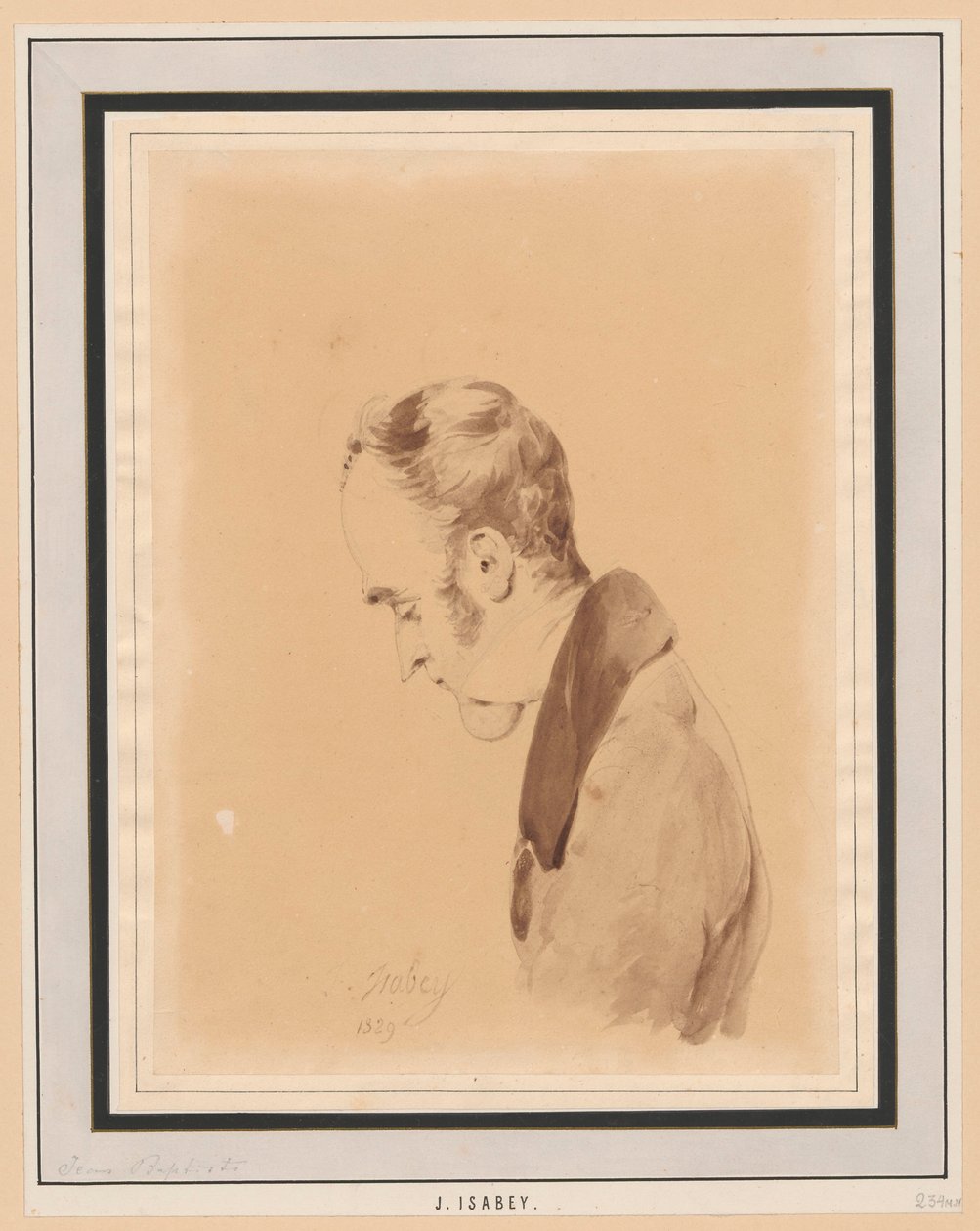 Halvfigurportrett av en mann i profil mot høyre - selvportrett av kunstneren i høy alder av Jean-Baptiste Isabey