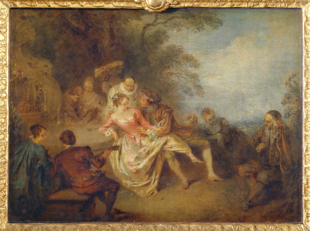Gjenforening av skuespillere fra den italienske komedien i en park... av Jean-Baptiste Joseph Pater