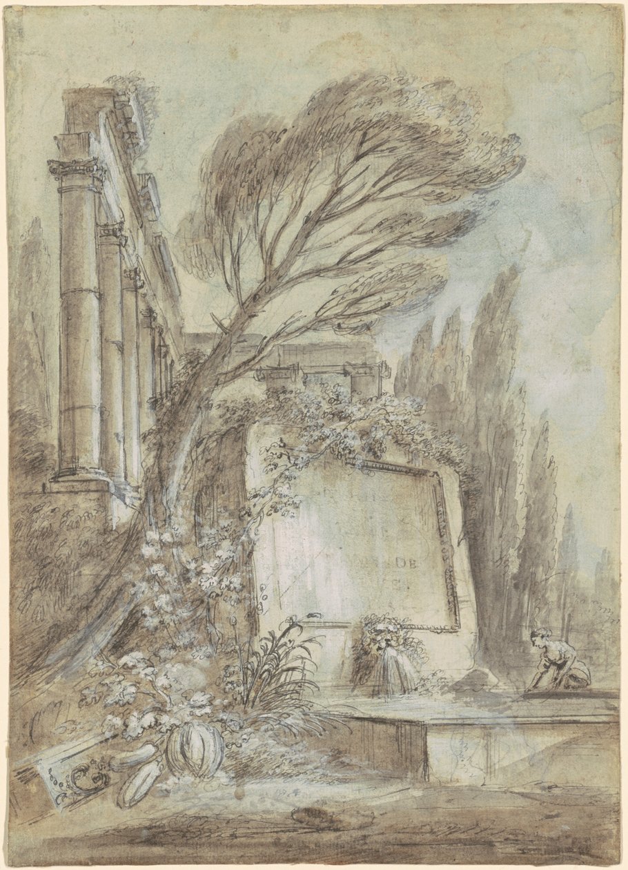 Arkitektonisk fantasi av romerske ruiner med en inskripsjonsplakett, ca. 1768 (brun blekk på papir) av Jean-Baptiste Lallemand