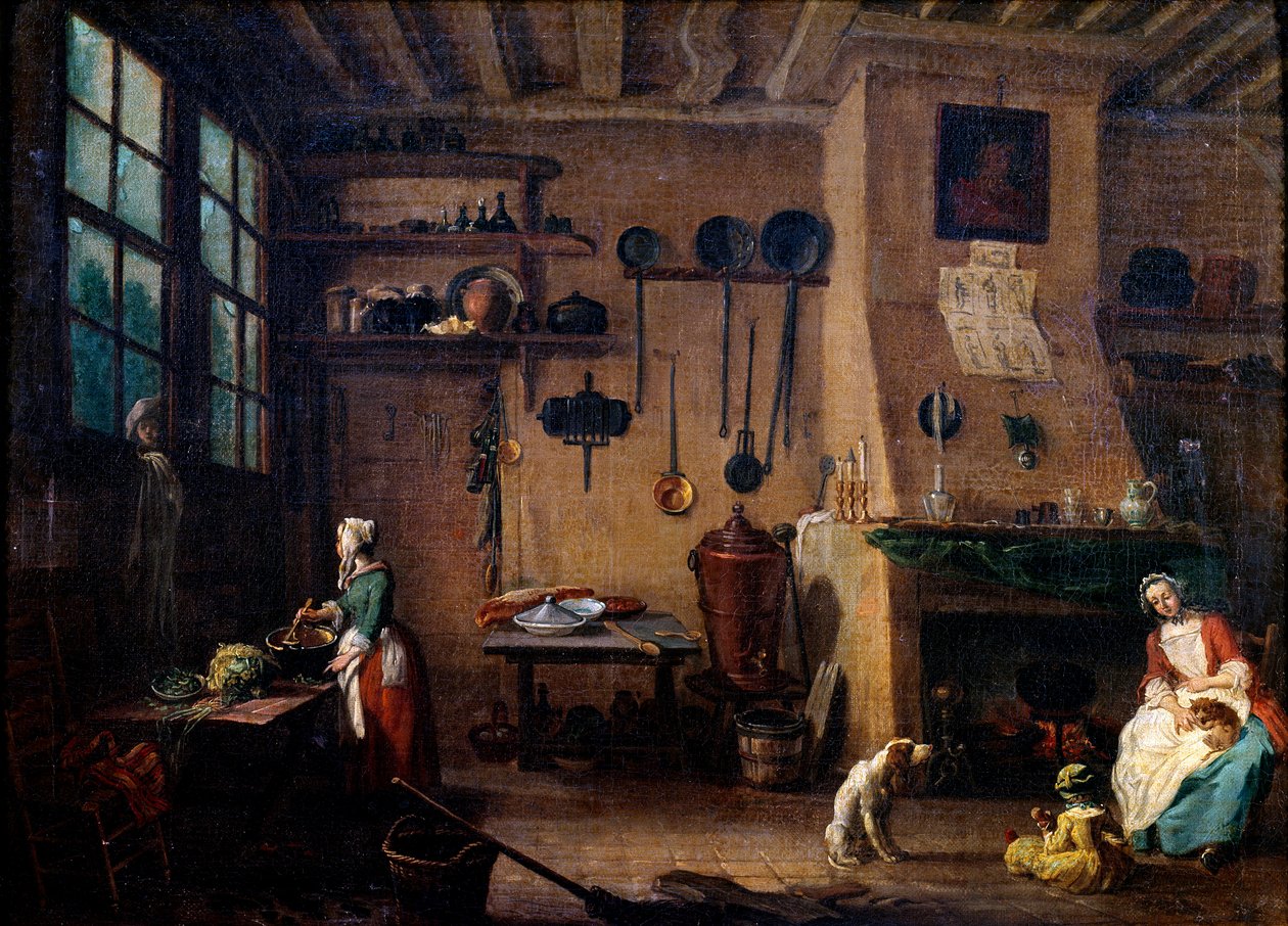Kjøkkeninnredning på 1700-tallet. En kokk tilbereder et måltid. I bakgrunnen ser vi kjøkkenutstyret hengende langs veggen. Maleri av Jean Baptiste Lallemand (1710-1803) Dijon fra 1700-tallet, Museum of Fine Arts av Jean Baptiste Lallemand
