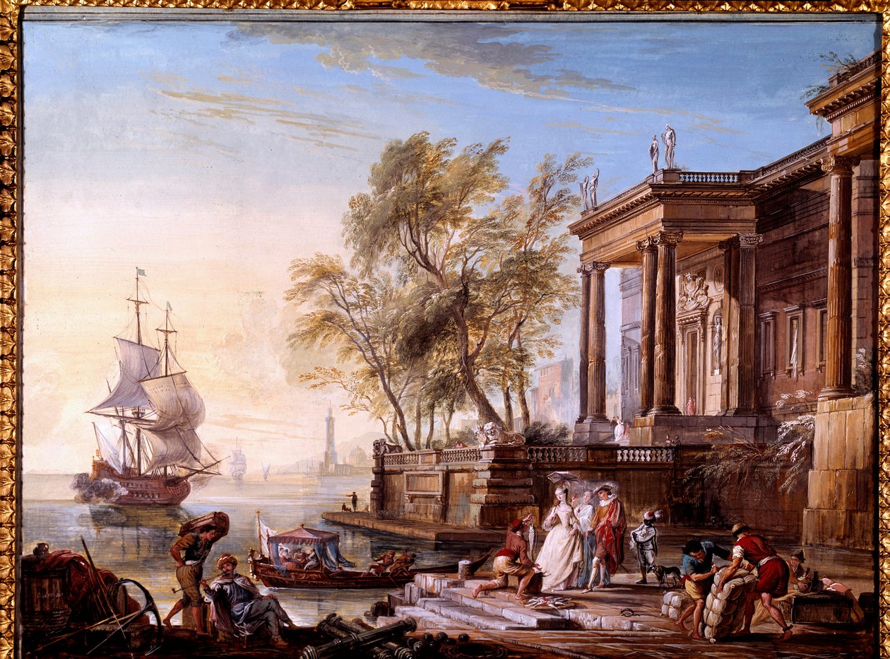 Marine ved solnedgang Maleri av Jean Baptiste Lallemand (Lallemant) (1710-1803) Dijon fra 1700-tallet, Musee des Beaux Arts. av Jean Baptiste Lallemand