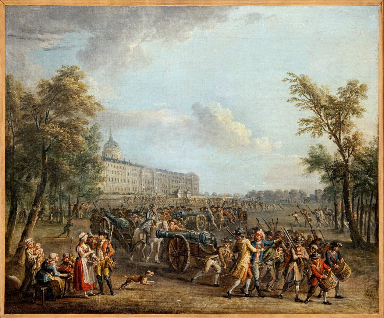 Plyndring av våpen ved Invalides, folket i Paris, etter å ha tatt Garde Meuble i besittelse 13. juli, invaderte Invalides 14. juli 1789, og tok 4 kanoner og 34 000 kanoner, Maleri av Jean Baptiste Lallemand (1716-1803) . Fotografi, KIM Youngta av Jean Baptiste Lallemand