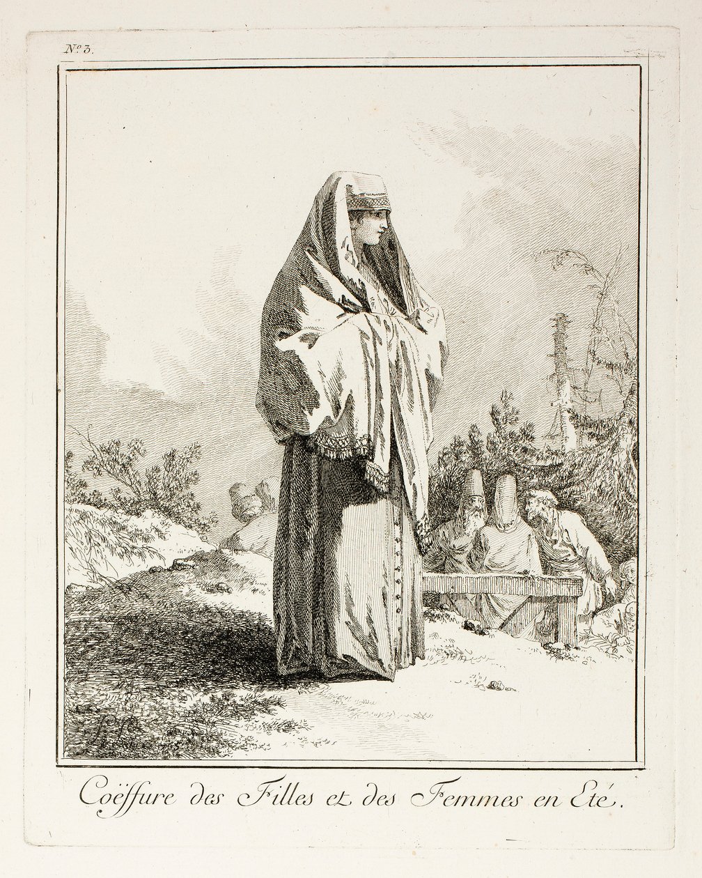 Hodeplagg for jenter og kvinner om sommeren, tallerken tre fra Divers Habillements des Peuples du Nord av Jean-Baptiste Le Prince