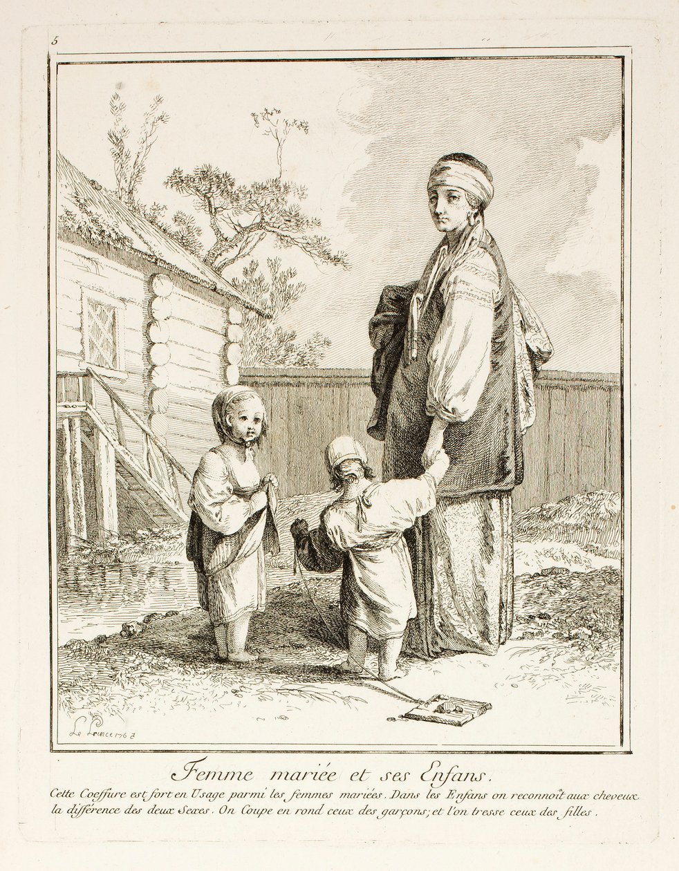 Gift Woman and her Children, plate fem fra Divers Habillements des Peuples du Nord av Jean-Baptiste Le Prince