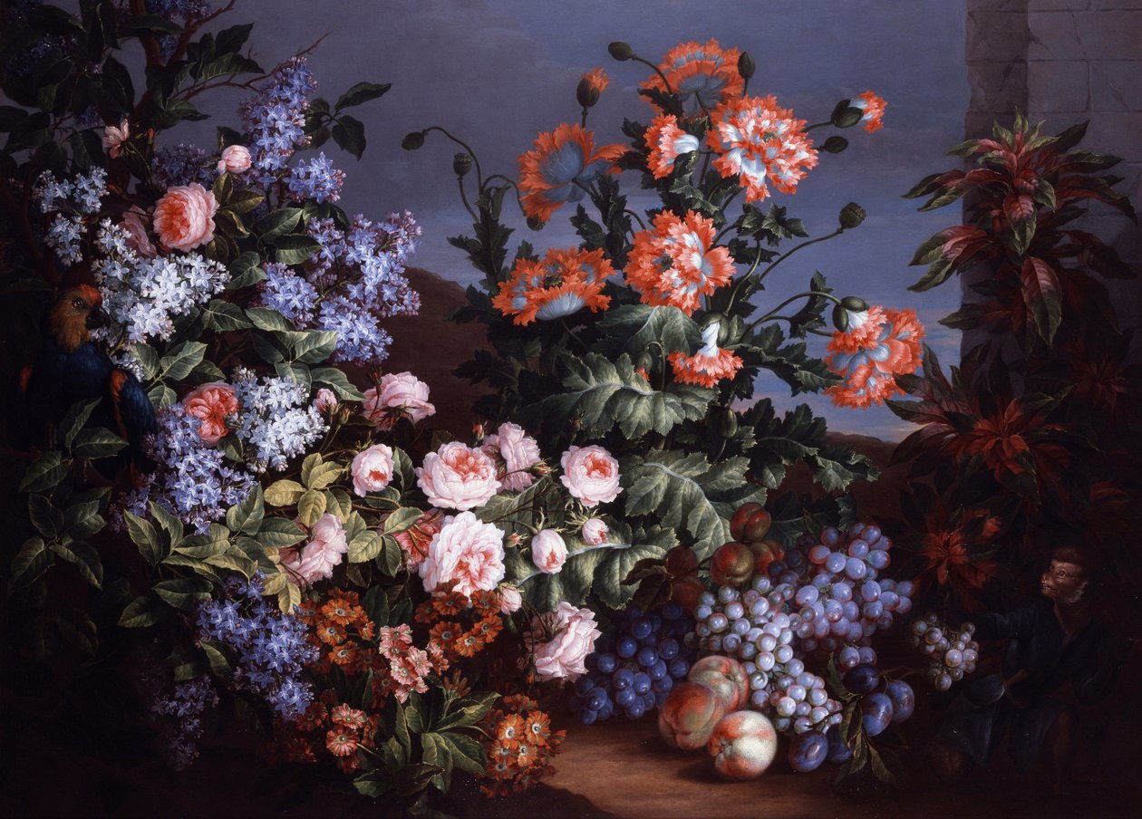 Stilleben av roser og syriner. Maleri av Jean Baptiste (Jean-Baptiste) Monnoyer (1634–1699). Privat samling. av Jean-Baptiste Monnoyer