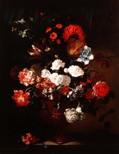 Stilleben av nelliker, tulipaner, peoner og andre blomster av Jean Baptiste Monnoyer