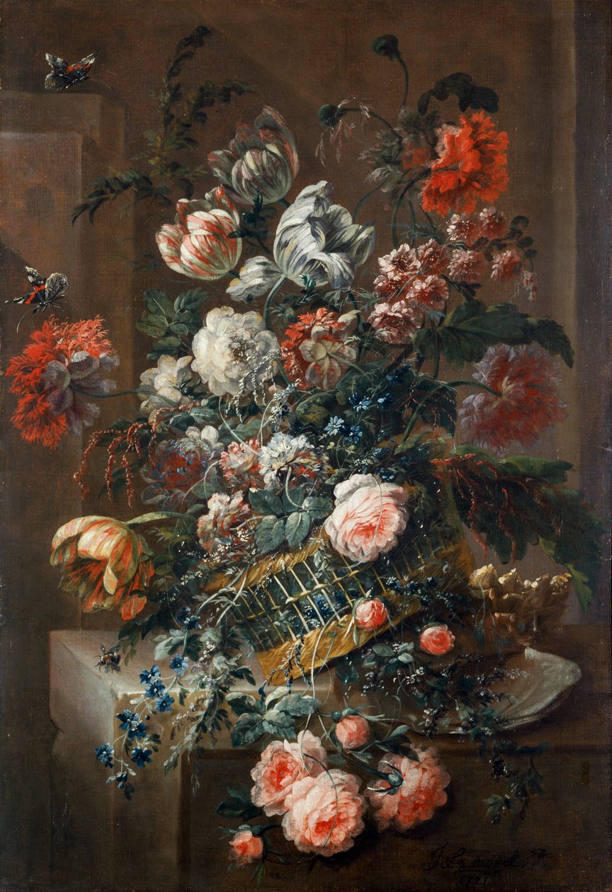 Blomsterstykke med spraglete tulipaner (olje på lerret) av Jean-Baptiste Morel