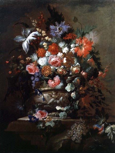 Stilleben av blomster og druer (olje på lerret) av Jean Baptiste Morel