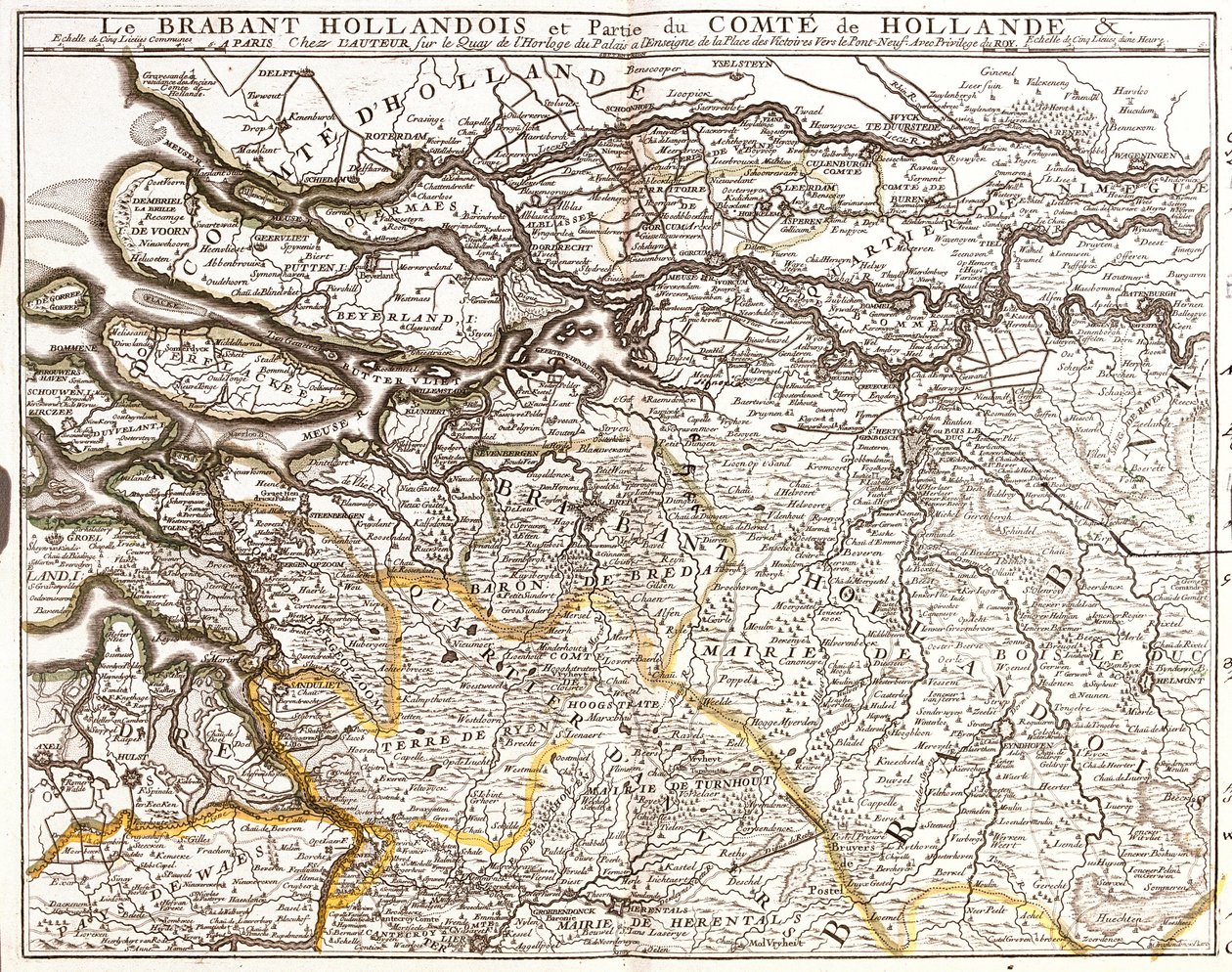 Kart over nederlandsk Brabant (eller Nord-Brabant) og en del av fylket Holland (Nederland) (gravering av Jean Baptiste Nolin