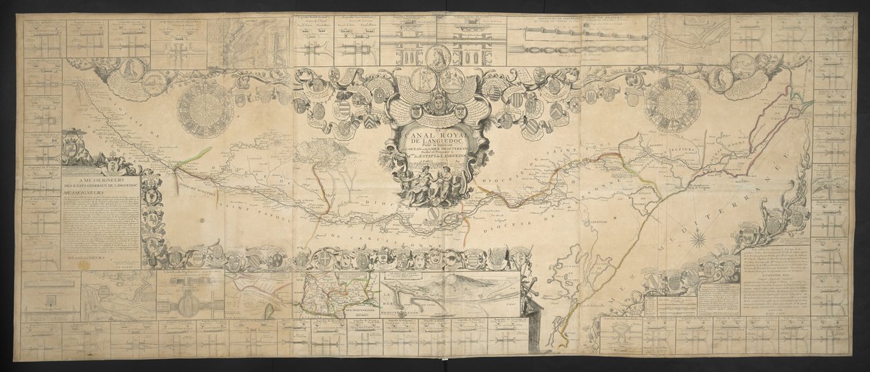 Kart over Canal de Languedoc, som forbinder Atlanterhavet med Middelhavet, dedikert og presentert til M.GRS Estates of Languedoc av Jean Baptiste Nolin