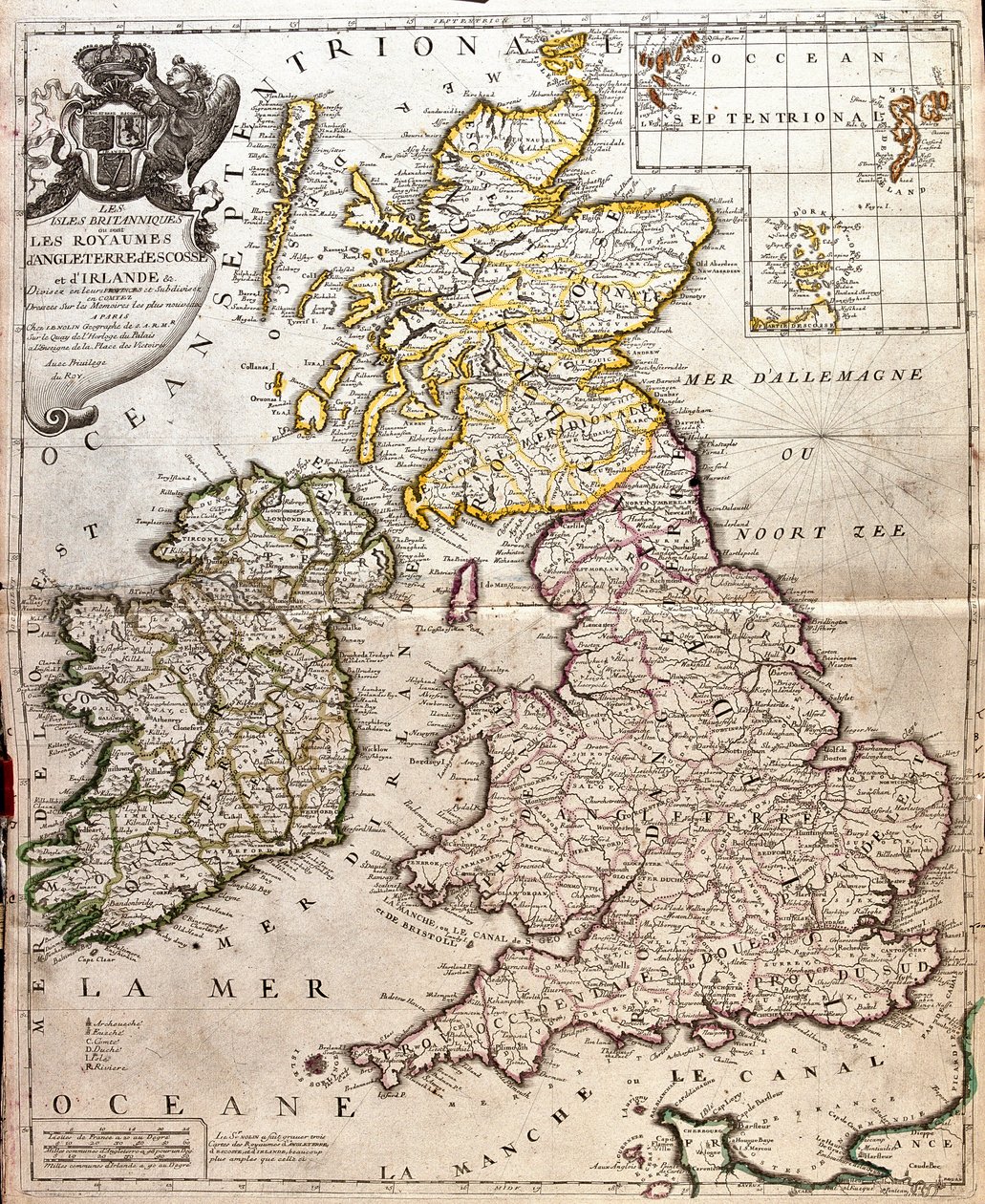 Kart over kongedømmene England, Skottland og Irland (Storbritannia) (Gravering av Jean Baptiste Nolin
