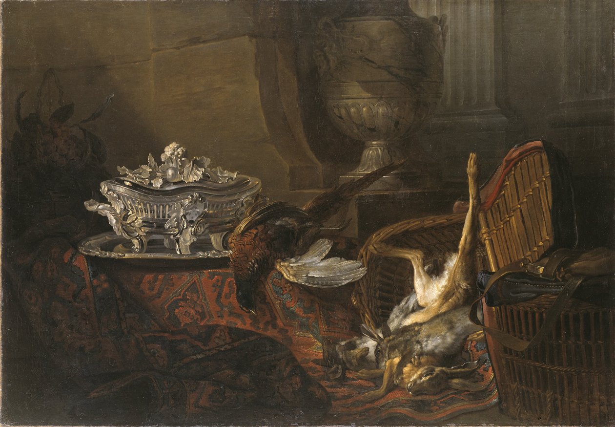 Stilleben med dødt vilt og en sølvterrin på et tyrkisk teppe av Jean-Baptiste Oudry