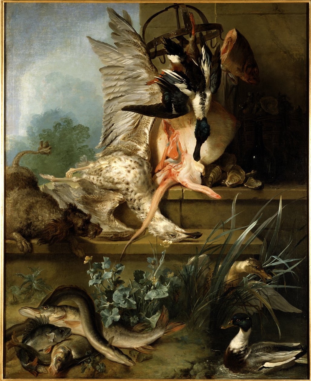 Stillleben mit einem Spaniel, der Enten jagt ("Wasser") av Jean-Baptiste Oudry