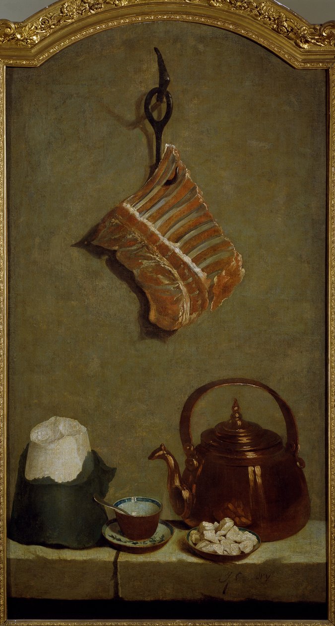 Stilleben med kvart kjøtt, sukkerbrød, kobberkjele og kopp, av Jean-Baptiste Oudry (1686-1755) av Jean Baptiste Oudry