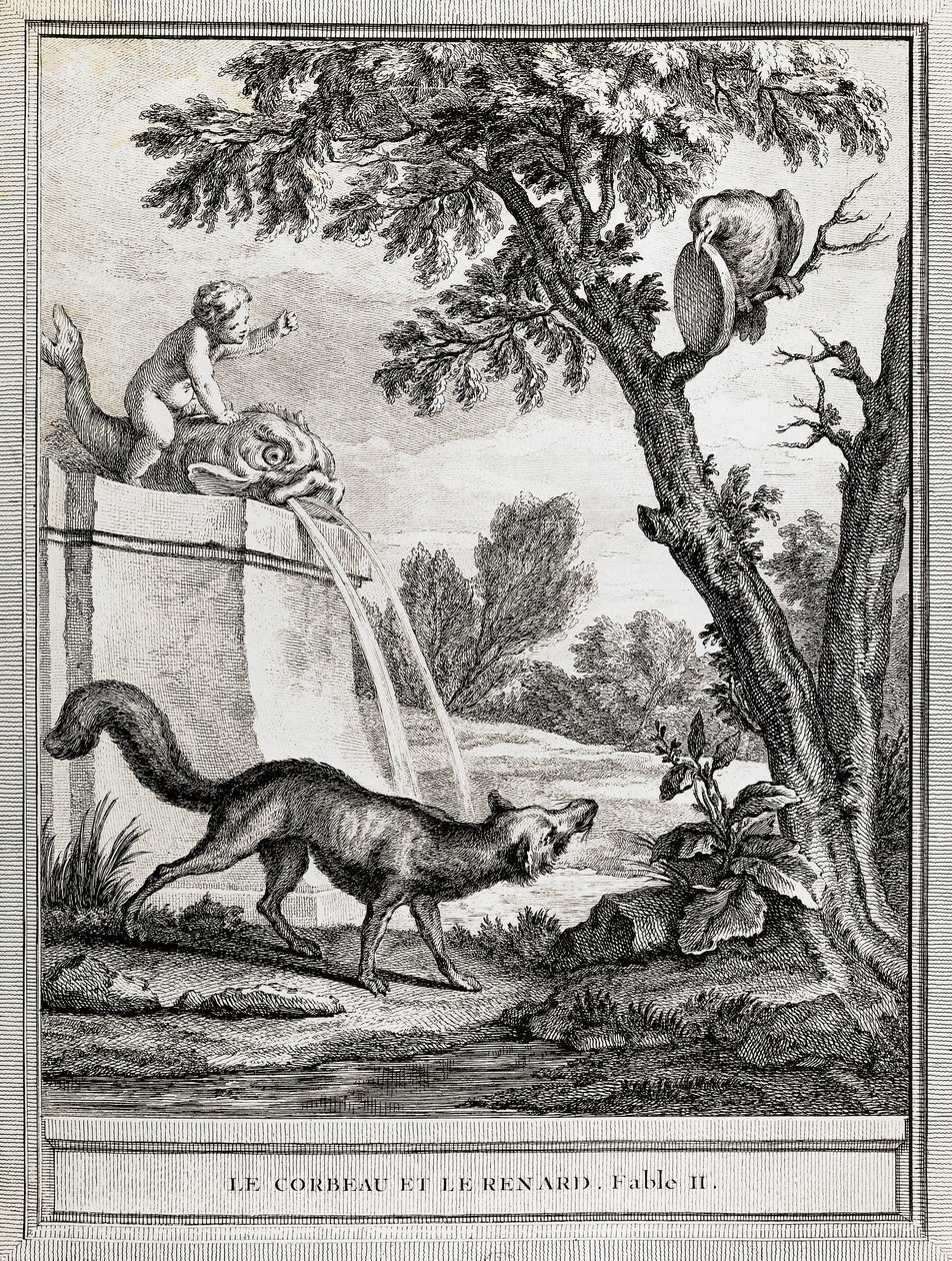 The Crow and the Fox, illustrasjon av Jean-Baptiste Oudry (1686-1755) for fabelen av Jean de La Fontaine (1621-1695) av Jean Baptiste Oudry