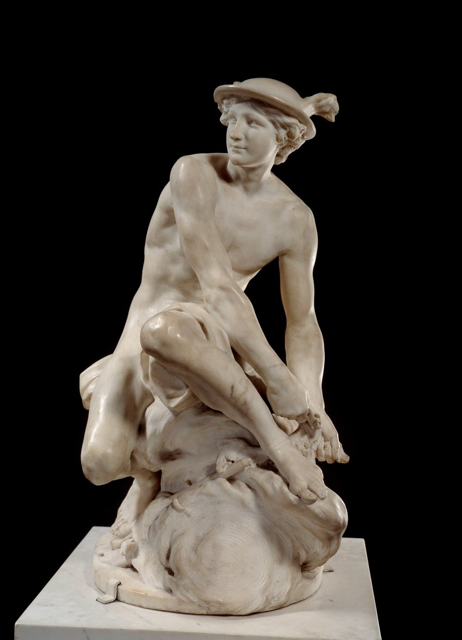 Mercury Attaching his Winged Sandals Marmorskulptur av Jean Baptiste Pigalle (1714-1785) 1744 Paris, Louvre-museet - Mercury Attaching his Winged Sandals av Jean-Baptiste Pigalle av Jean Baptiste Pigalle
