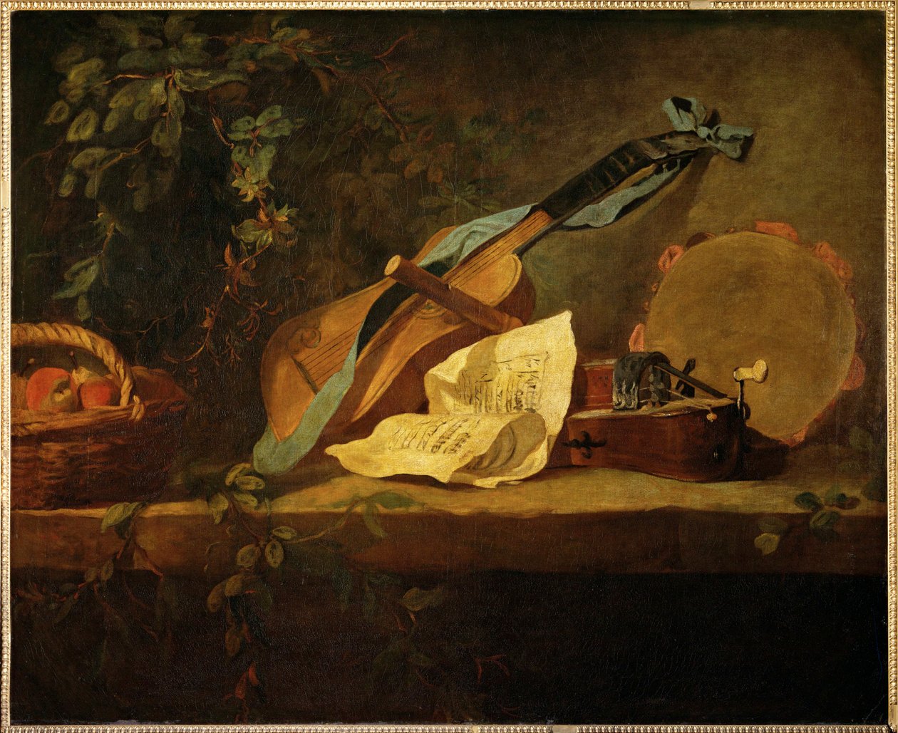 Musikkinstrumenter og en fruktkurv (maleri på lerret) av Jean-Baptiste Simeon Chardin