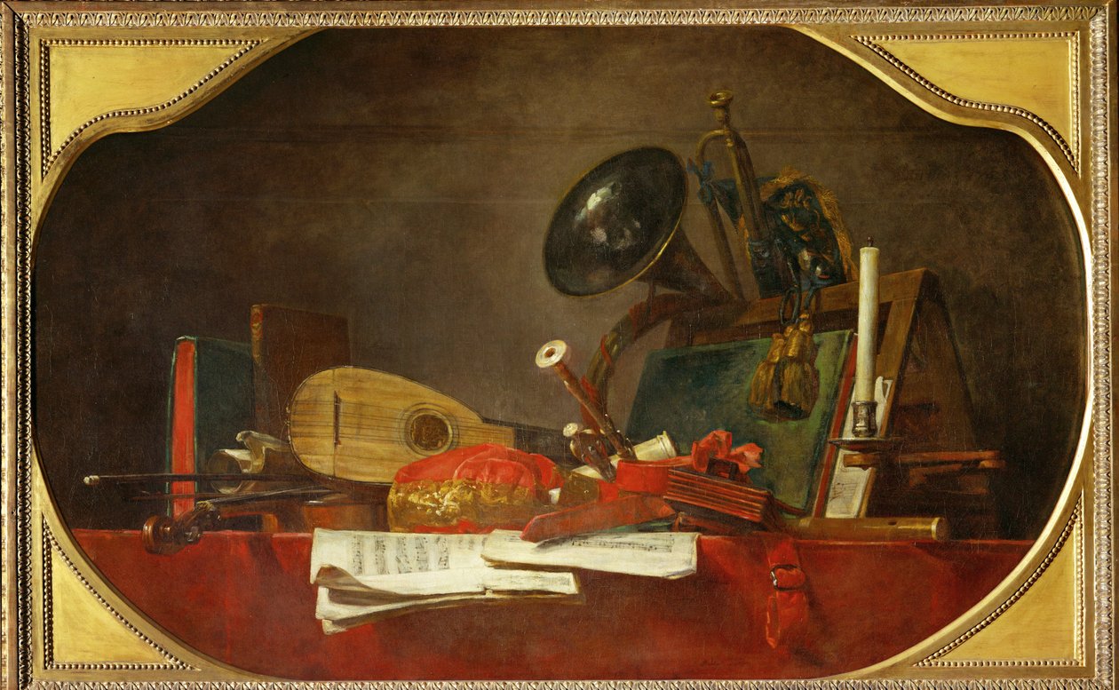 Les attributts de la musique - musikkens attributter, ledsagerverk til 40-12-16/28, en av tre supraporter for Chateau de Choisy ... av Jean-Baptiste Simeon Chardin