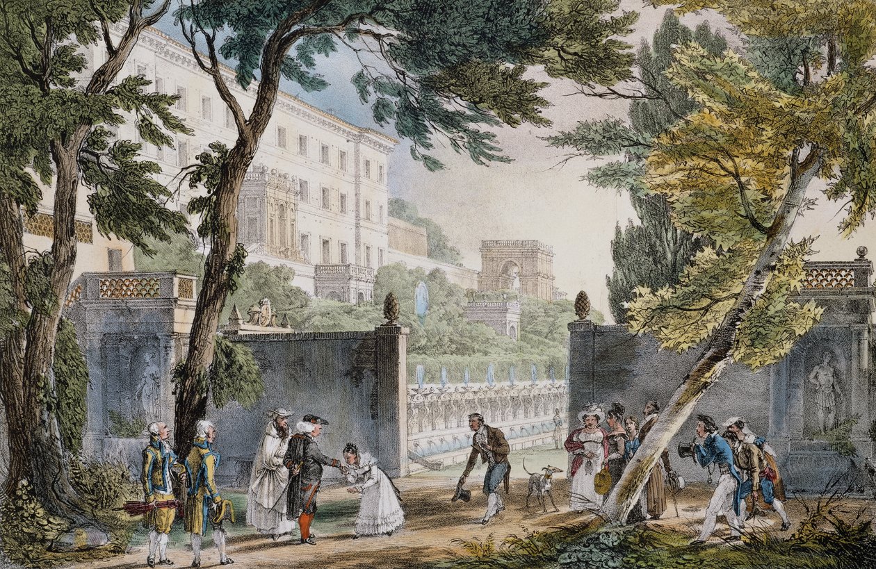 Galant scene ved inngangen til villaen i Roma, ca 1820, gravering av Jean-Baptiste Thomas (1791.1833) av Jean Baptiste Thomas
