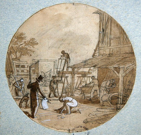 Snekkerverkstedet, platedesign for en tjeneste som viser forskjellige håndverk, ca. 1820-35 (penn og blekk og vask og gouache på papir) av Jean Charles Develly
