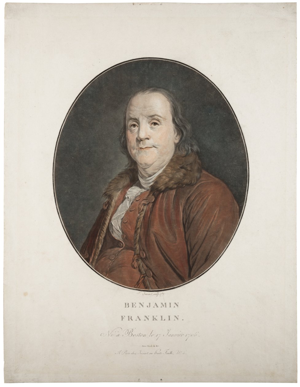 Benjamin Franklin, ca. 1789 (håndfarget mezzotint) av Jean Francois Janinet